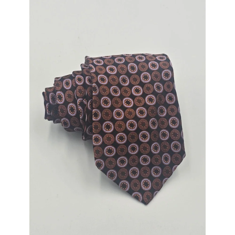 Hart Schaffner Marx Mens Silk Tie Brown Bronze Lavender Medallion Geometric USA